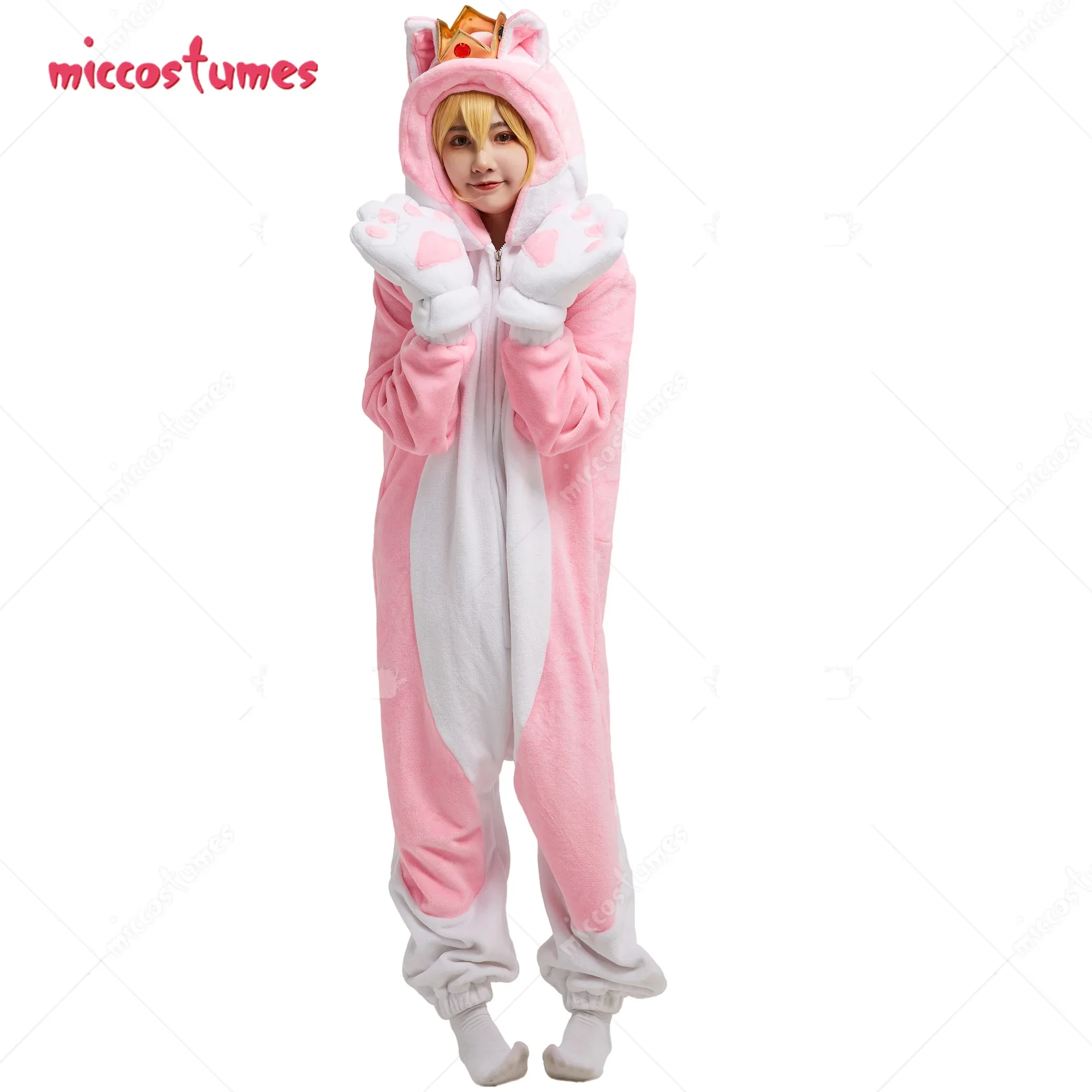 Miccostumes Women Peach Derivative Cat Pink Onesie Pajama Adult Onesie Homewear Kigurumi Hooded Loungewear Costume Outfits cosplay costumes kigurumi pajamas