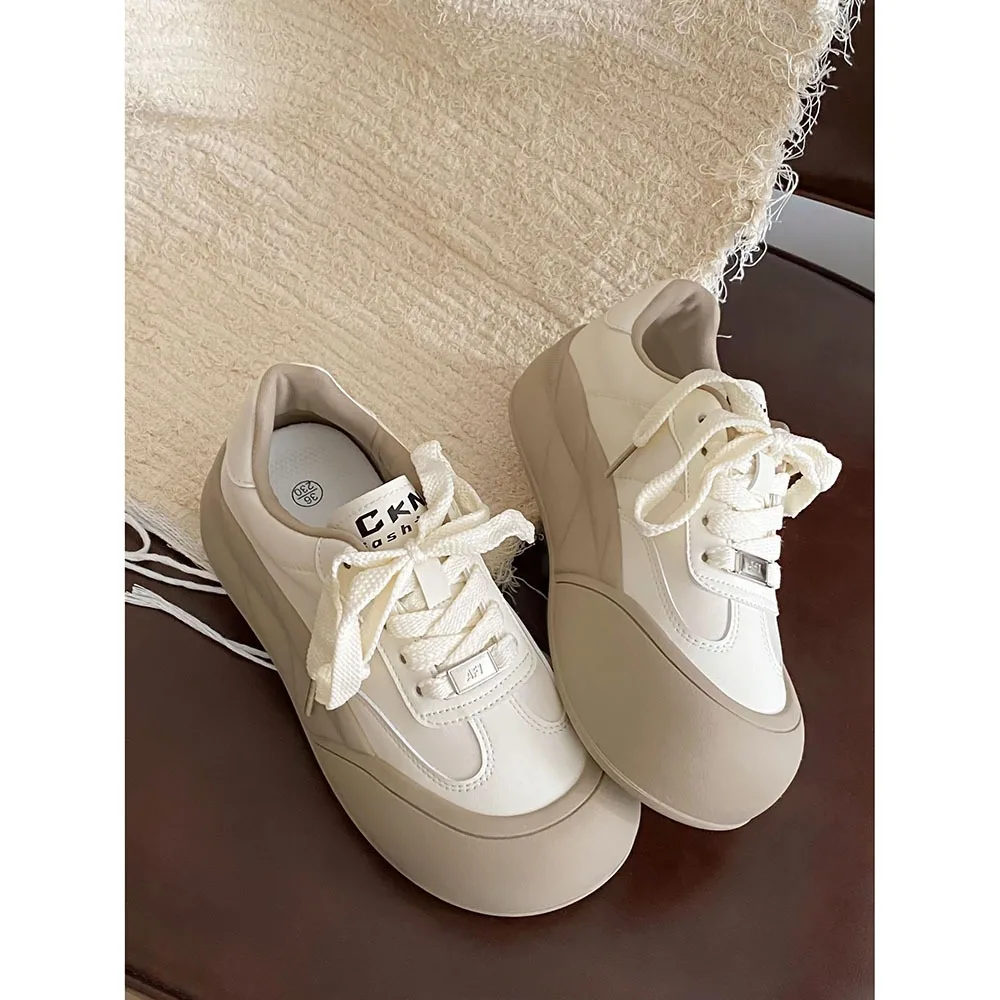 Round Toe Fashion Women Casual Shoes for Spring 2024 Thick Soled Height Women Shoes Leather Pleated Lace-up Board Shoes 24-204