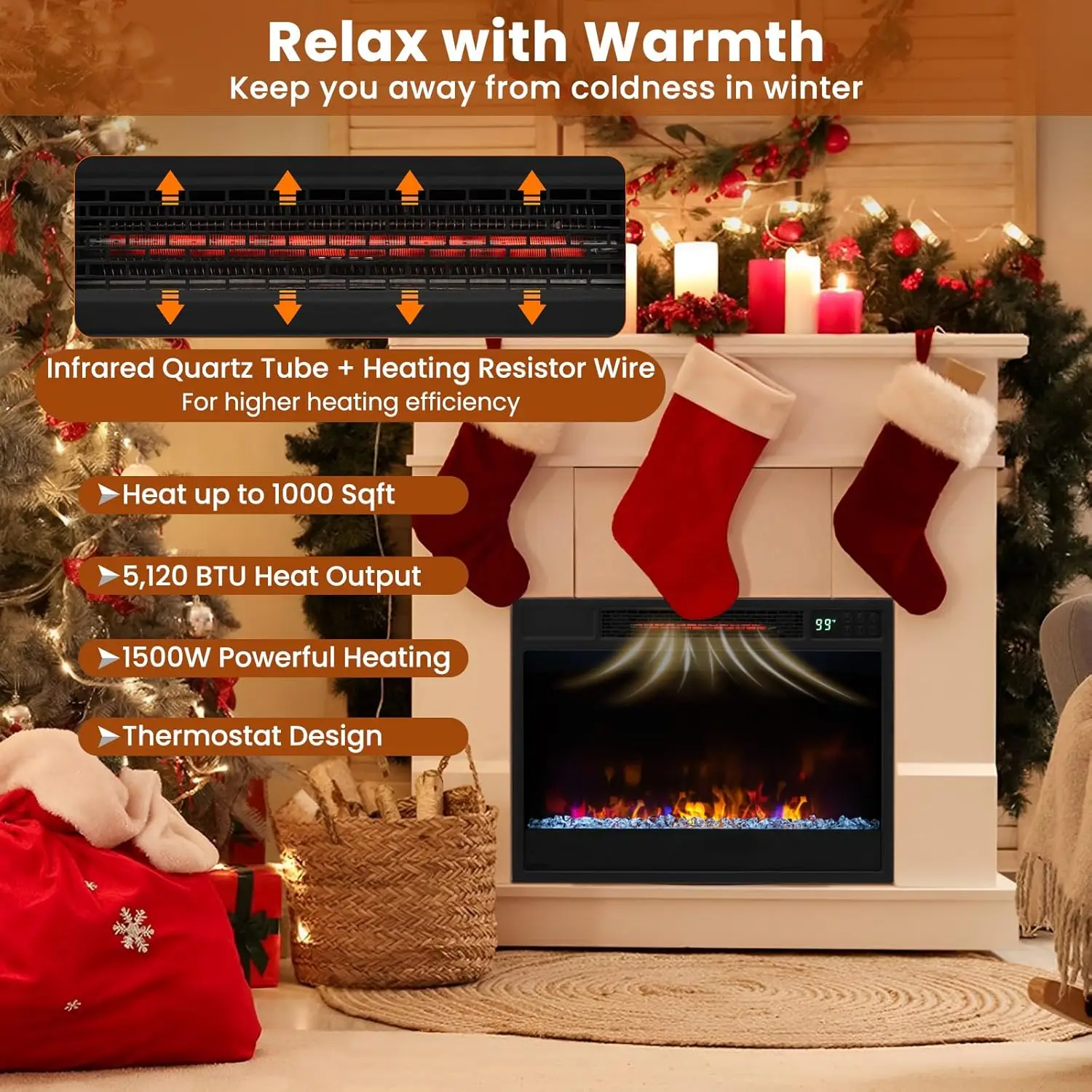 23 Inch Electric Fireplace Insert, Recessed Quartz Fireplace Heater with 6 Flame Modes & 5 Brightness 4