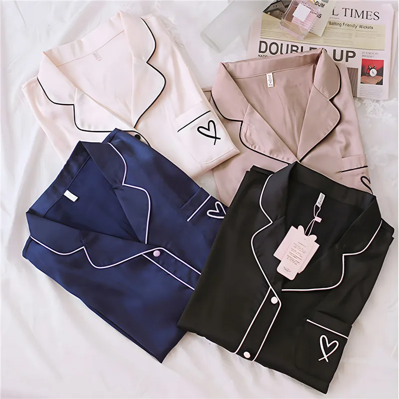 Silk Pajamas for Women Home Suit Heart Embroidered Pyjamas Pj Set Satin Nightwear Sleepwear Pijama Verano Mujer