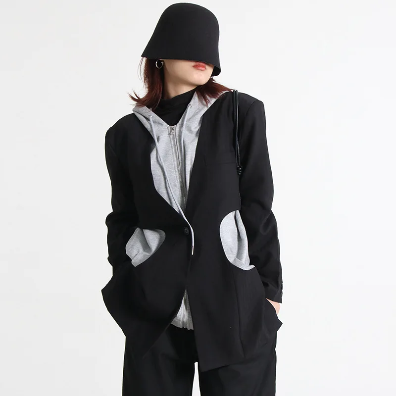 

2023 New Women Coat Hollow Cardigan Long Sleeve Jacket Hooded Vest Two-piece Black Blazer Sport Jacket Casual Streetwear