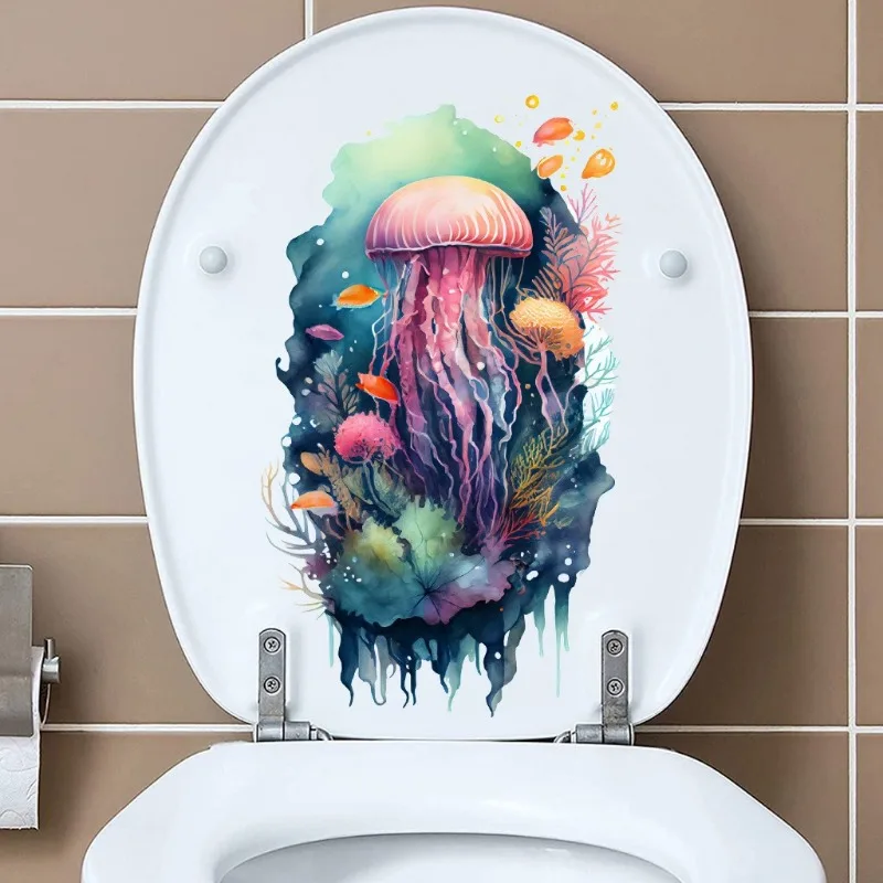 Toilet Wall Stickers Ocean Series Watercolor Hand Drawn Jellyfish Whale Bathroom Decor