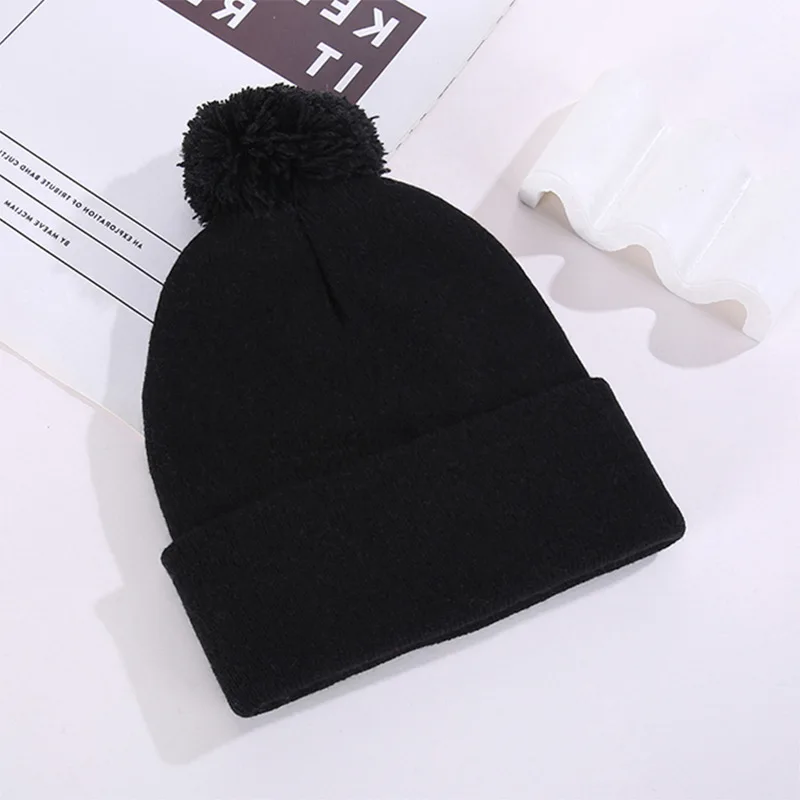New Custom Logo Solid Color Pompom Knitted Hats Outdoor for Women Warm Beanie Hat Hip Hop Skullies Kniting Cap Winter Ski Caps 4
