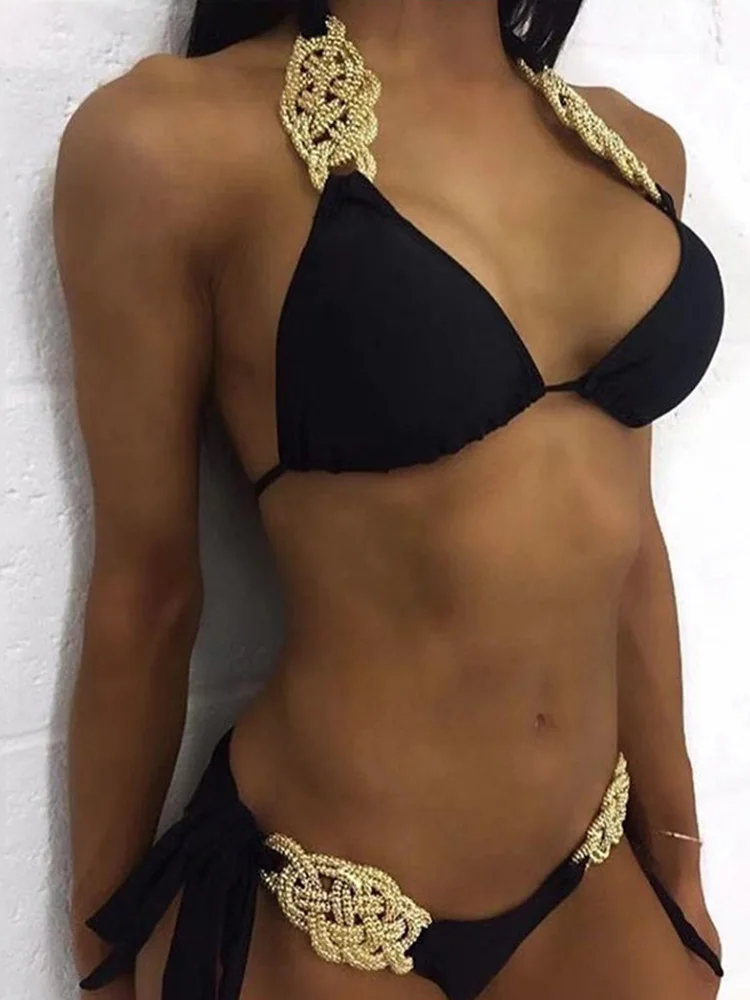Nieuwe Patchwork Halter Gebreide Bikini Vrouwen Badmode Vrouwelijke Badpak Twee Stukken Bikini Set Braziliaanse Bader Badpak Lady