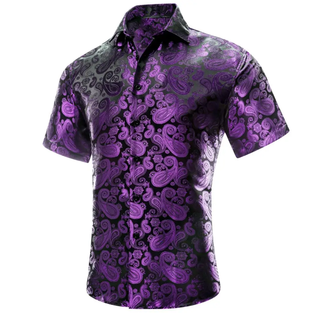 

Hi-Tie Black Purple Silk Short Sleeves Men Shirts Spring Summer Hawaii Jacquard Paisley Shirt Blouse Male Breathable Wedding XXL