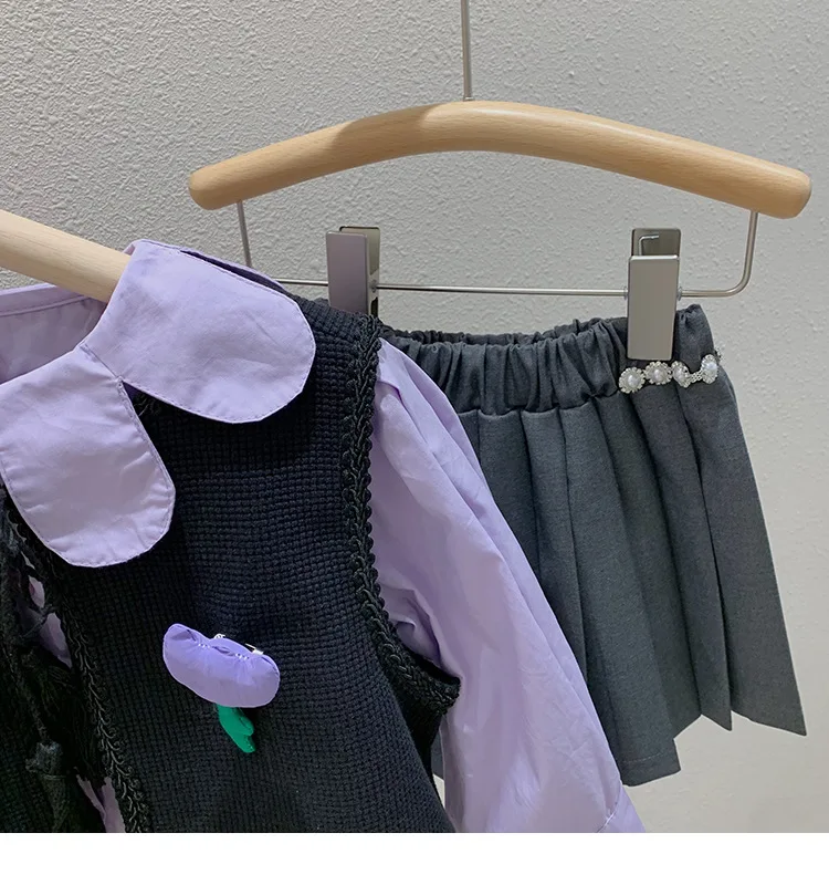 패션 소녀 봄 의류 세트 꽃 아플리케 레이스 업 가디건 보라색 꽃잎 칼라 티셔츠 높은 허리 구슬 주름 치마