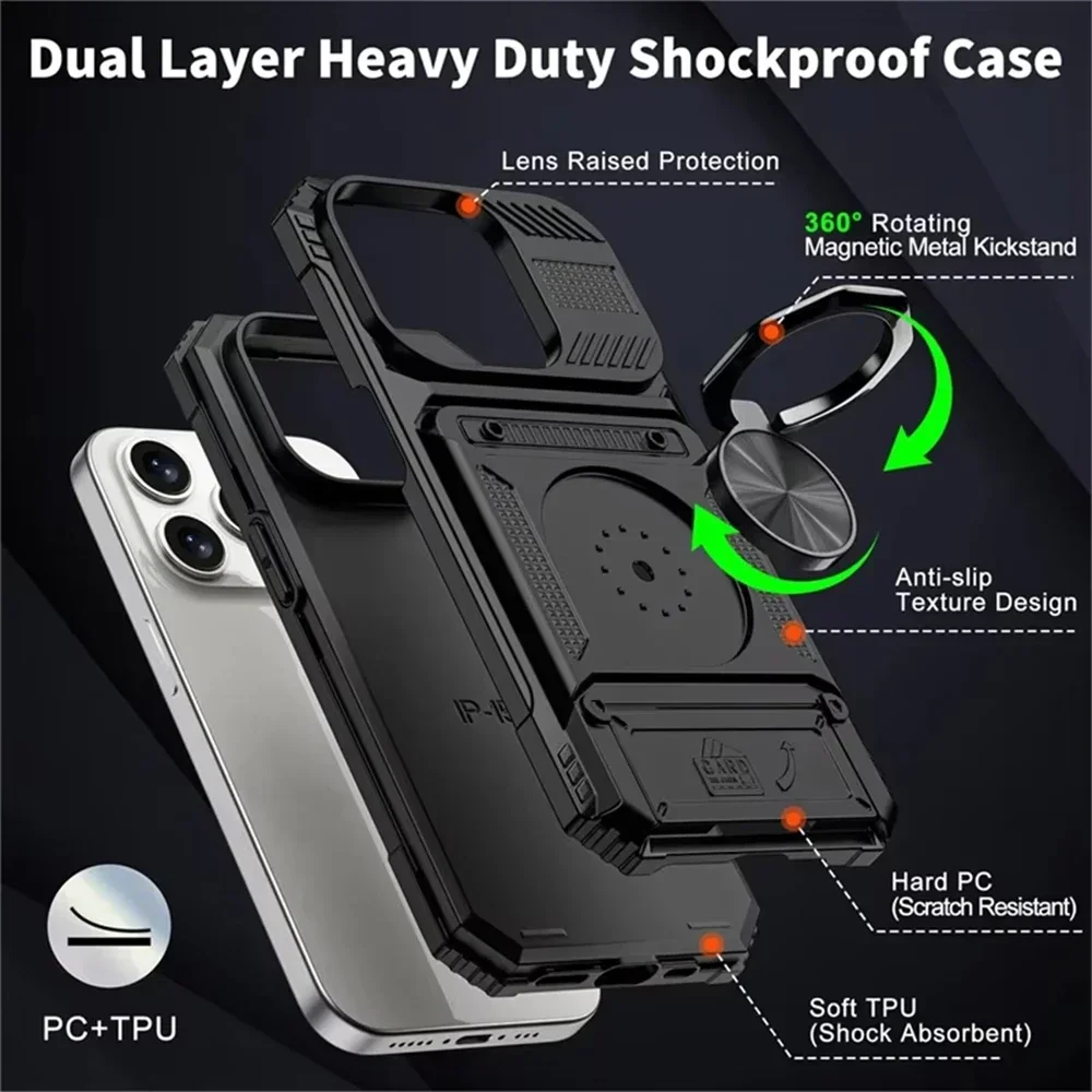 Heavy Duty Magnetic Rotated Ring Holder Phone Case For IPhone 17 Air 16 15 14 Plus 13 Pro Max Anti-Drop Wallet Protection Cover