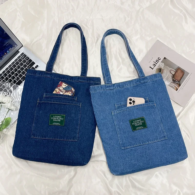 

Denim Shoulder Bag Women's Forest Street Shopping Canvas Bag Student Hand-held School Tutoring Bag Practical