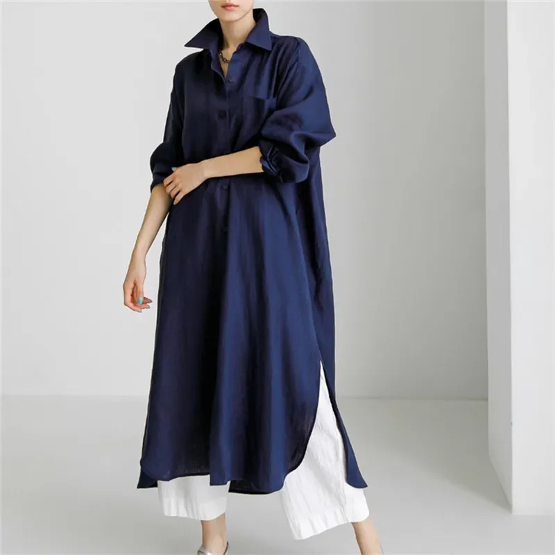 

Spring Autumn New Loose Korea Chic Shirt Dress Over Knee Long Split Cotton Linen Shirt Women 2023