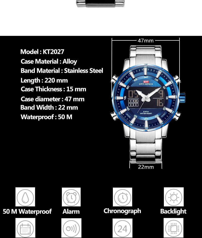 Kat-Watch Men Military Sport Wrist Watch for Gold Quartz Steel Waterproof Dual Display Male Clock Watches Relogio Masculino 2022