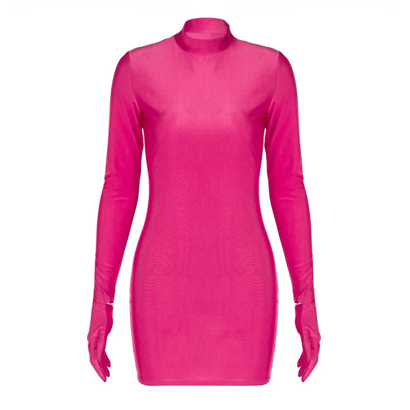 Solide Langarm Mit Handschuhe Mini Kleid Bodycon Sexy Streetwear Party Hälfte Rollkragen Outfits Y2K Kleidung Großhandel – Detail 24