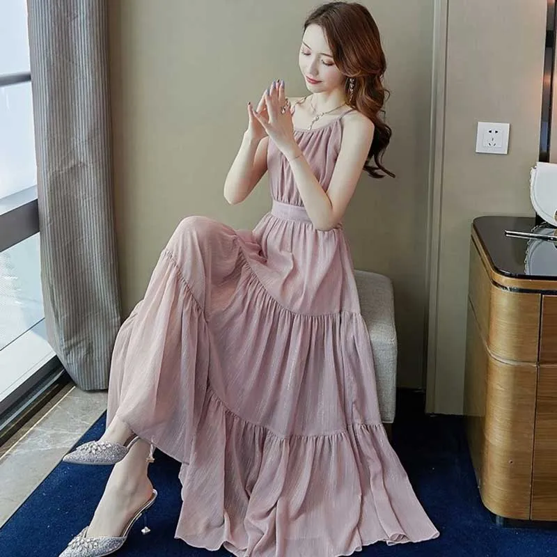 

Elegant O-Neck Solid Color Spliced Folds Bright Silk Party Dress Women's Clothing 2024 Summer New Loose Office Lady Slip Dress