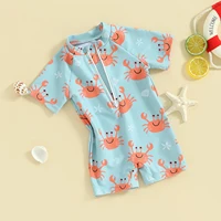 Toddler Baby Boy Swimsuit Rash Guard Beachwear Cute Tree Print Short Sleeve Zipper Romper Bathing Suit Swimwear for Boys 4