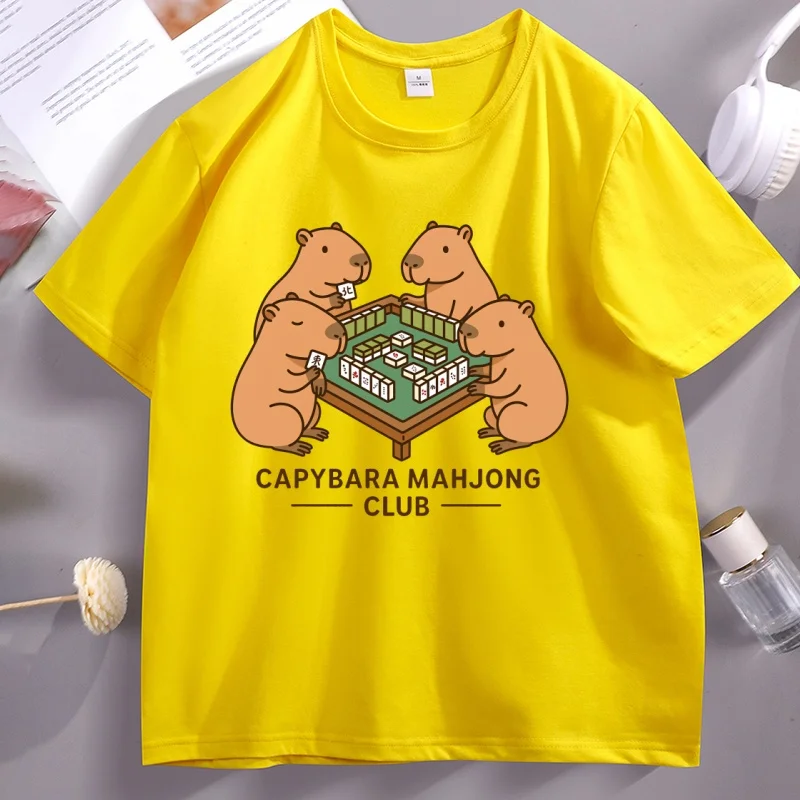 Capybara Mahjong Graphic Tee - Funny Casual Round Neck Short Sleeve Streetwear Shirt