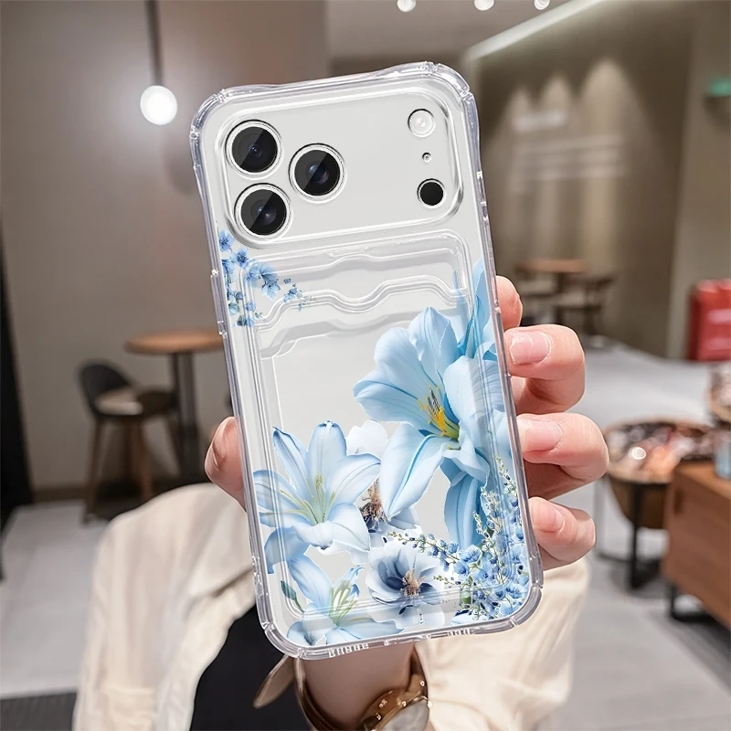 Clear Soft Case with Flower Design and Transparent Card Holder Slots