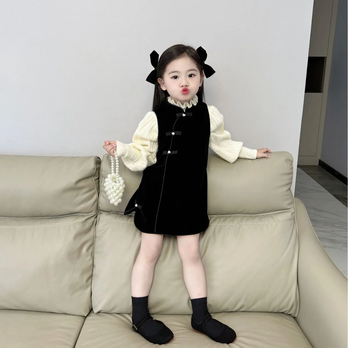 

Autumn Winter 2024 Korean Little Girl 2PCS Clothes Set Cotton Ruffle Sweater Pullovers Suit Retro Buckle Dress Baby Girl Outfit