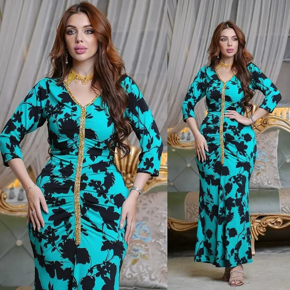 

Fashion Retro Floral Printed Fishtail Dress Tight Skirt Muslim Women Diamond V-neck Turkish Tight-fitting Kaftan Gown Vestidos