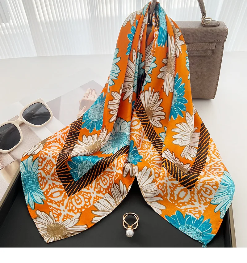 

Sunflowers Print Square Scarf Women Bandana Hairband Lady Head Wraps Female Shawl Fashion Floral Design Neckerchief 2023