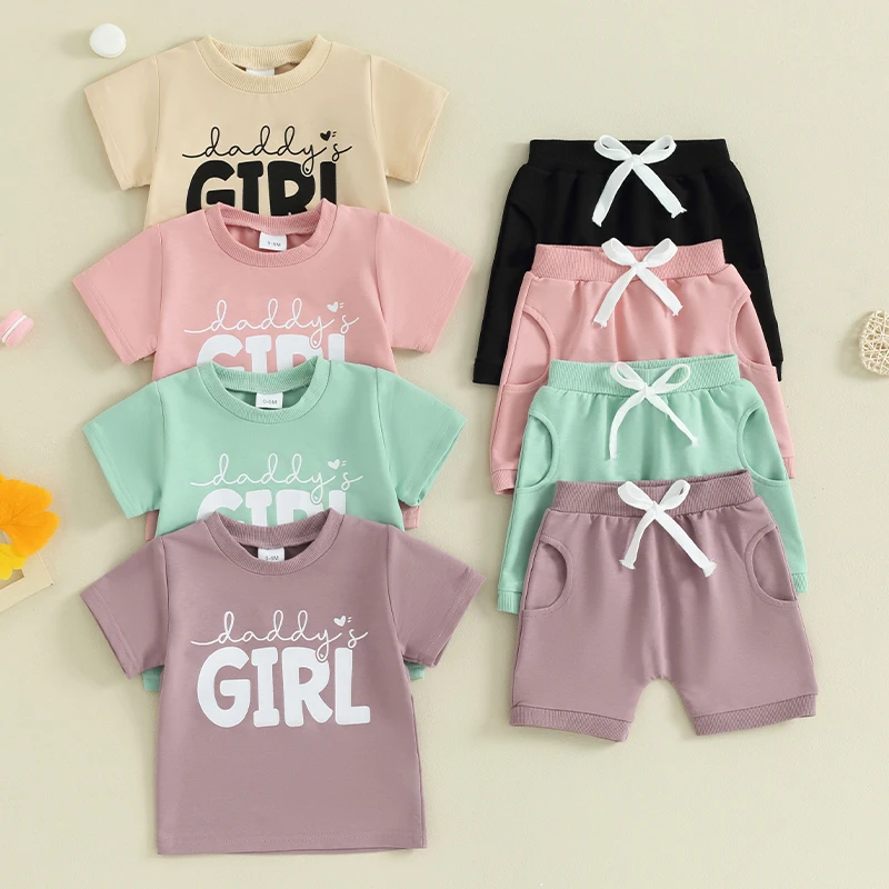 

2023-12-09 Lioraitiin 0-3Y Toddler Baby Girl Clothes Short Sleeve Letter Print T Shirt Tops and Stretch Shorts Summer Outfit