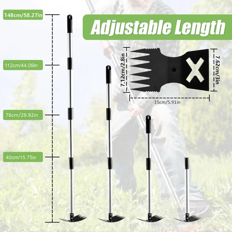 148cm Long 4-section Assembly Weed Puller Tool with Handle Manual Weeder Remover 2 in 1 Hand Weed Rake Garden Hoe for Gardening