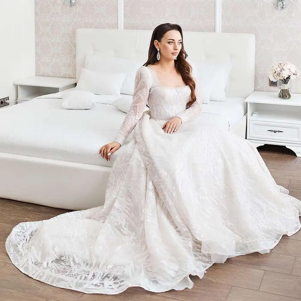 

2023 Perfect Romantic Long Sleeve Wedding Dress Beaded Square A-Line Court Train Princess Bride Gowns Vestido de Noiva