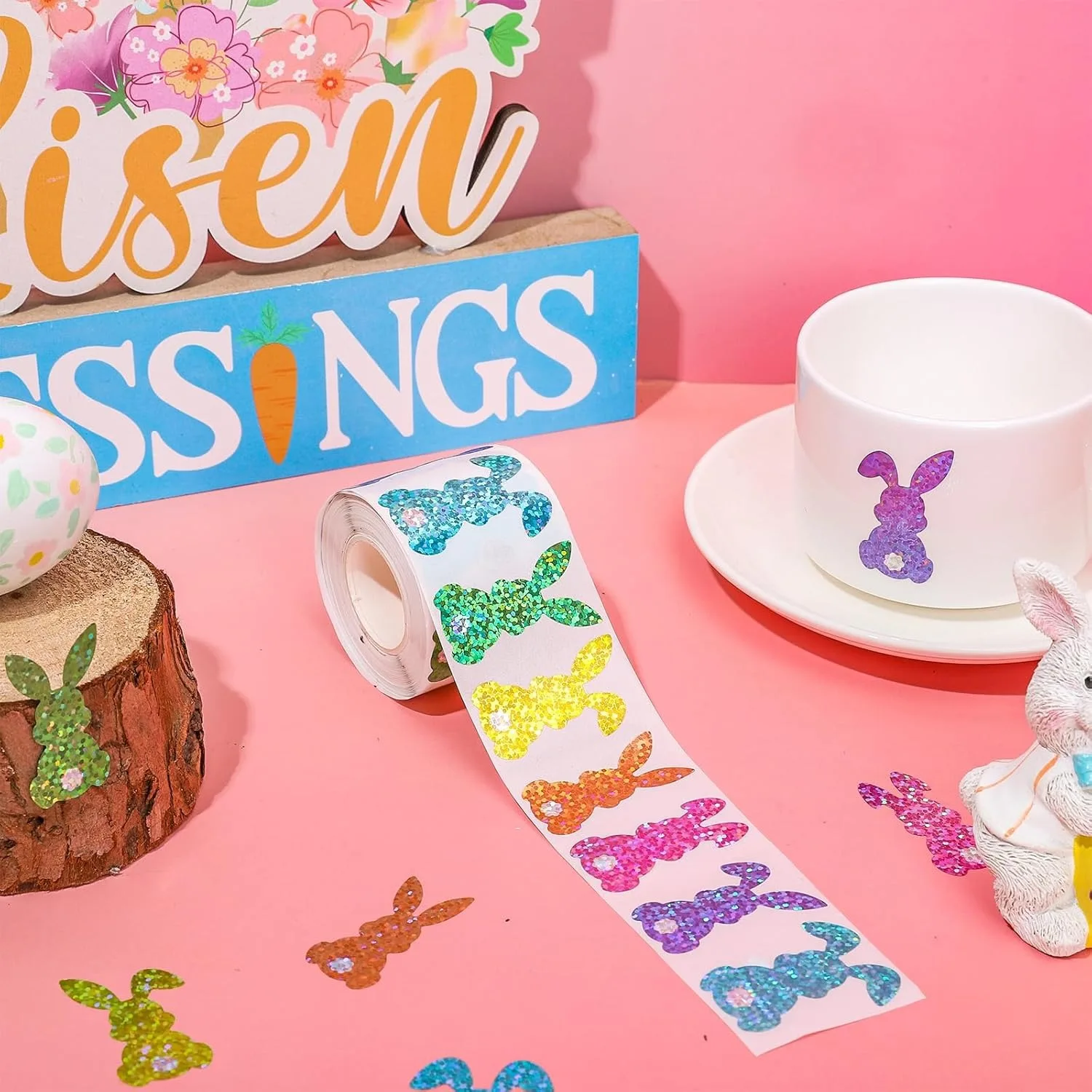 500Pcs Easter Bunny Stickers Roll Colorful Laser Rabbit Paper Decals 5 Colors Spring Sparkly Self Adhesive Seal Stickers