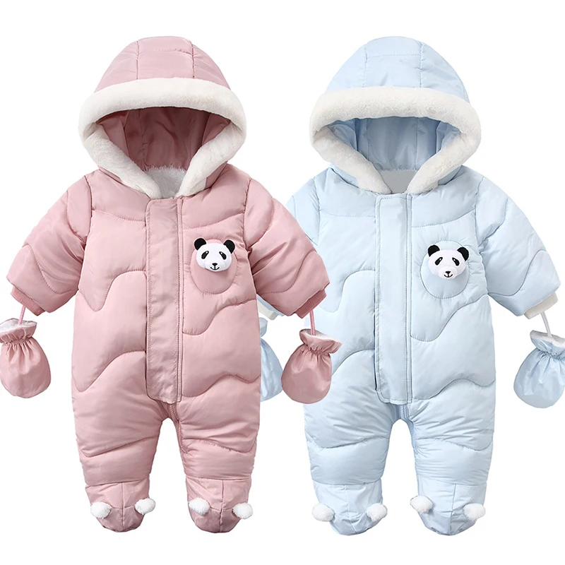 Baby Jumpsuit Winter Newborn Baby Romper Warm Panda Boy Jumpsuit Gloves Cotton Plus Velvet Infant Clothing 0-18M