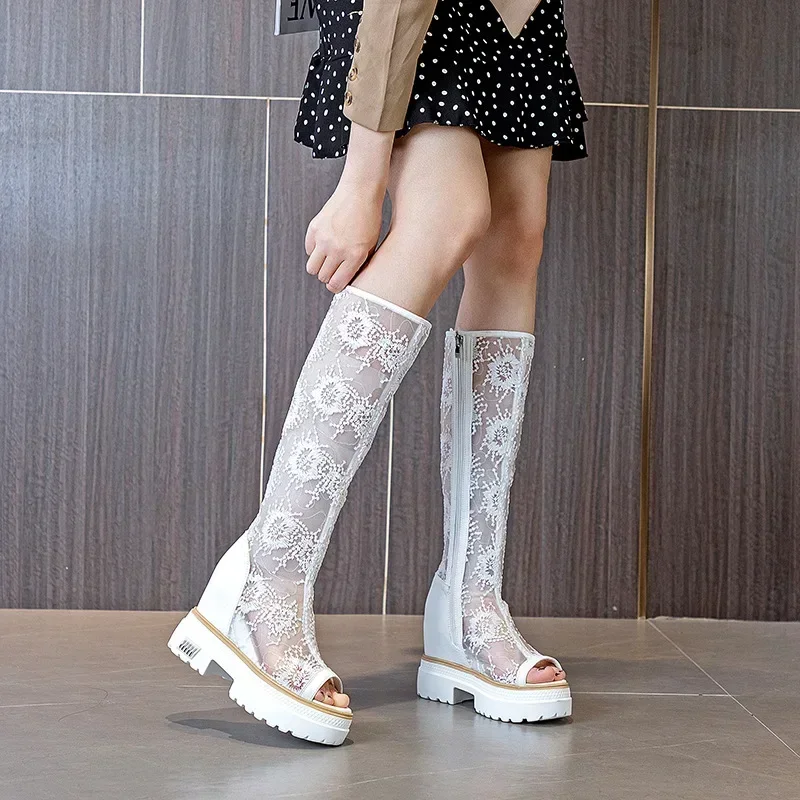 Fashion Luxury White Lace Boots Women's Summer High Hollow Boots