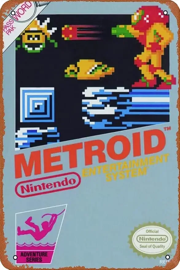 Metroid Nintendo Fantascienza Action Adventure Game Samus Aran Box Metal Tin Sign Wall Panel Retro Vintage Poster