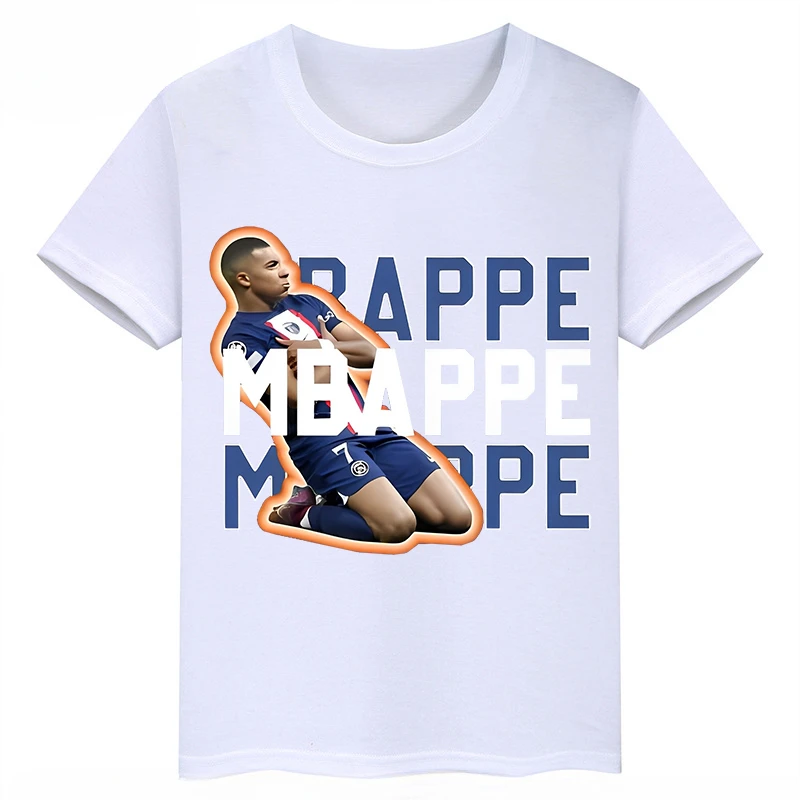 thumbnail image 1 of Camiseta de algodón blanca con estampado de Mbappé para niños, camisetas deportivas informales de verano de manga corta para niños y niñas, 1 of 5