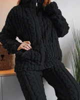 Ensemble deux pièces tendance automne-hiver pour femme, haut et pantalon en jacquard texturé, col montant, fermeture éclair, pelucheux 5