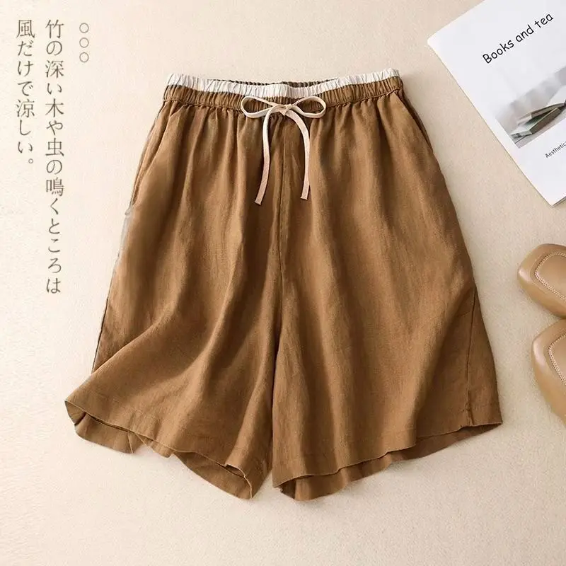 Summer Cotton Linen Elasticized High-waisted Patchwork Pockets Fashion Solid Color Loose Women's 2024 All-match Casual Shorts