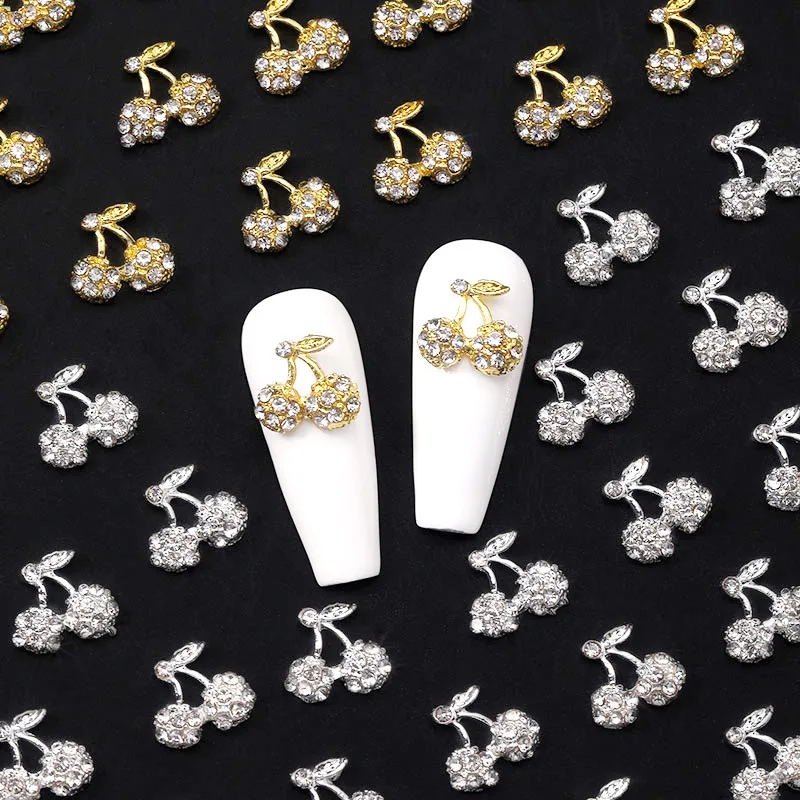 

10pcs Gold Silver Cherry Rhinestone Gemstone Nail Art Charms Luxury Diamond Glitter DIY Nail Art Decoration Parts