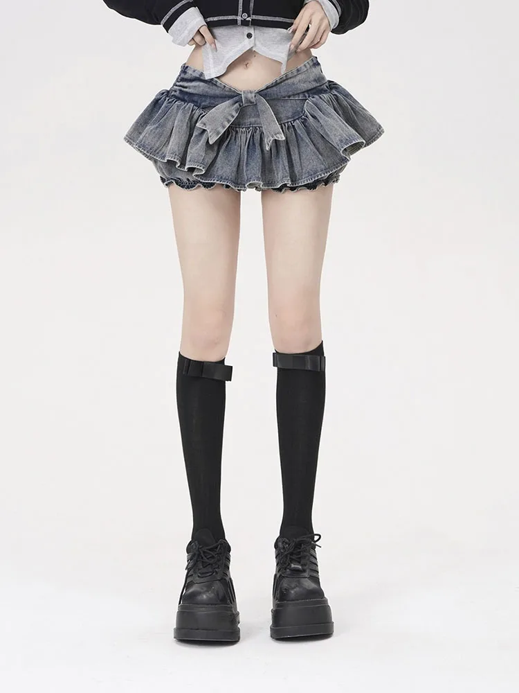 

Mini Jeans Skirt Women Denim Skirts Summer 2023 Vintage Bow tie Pleated Skirt Women Korean