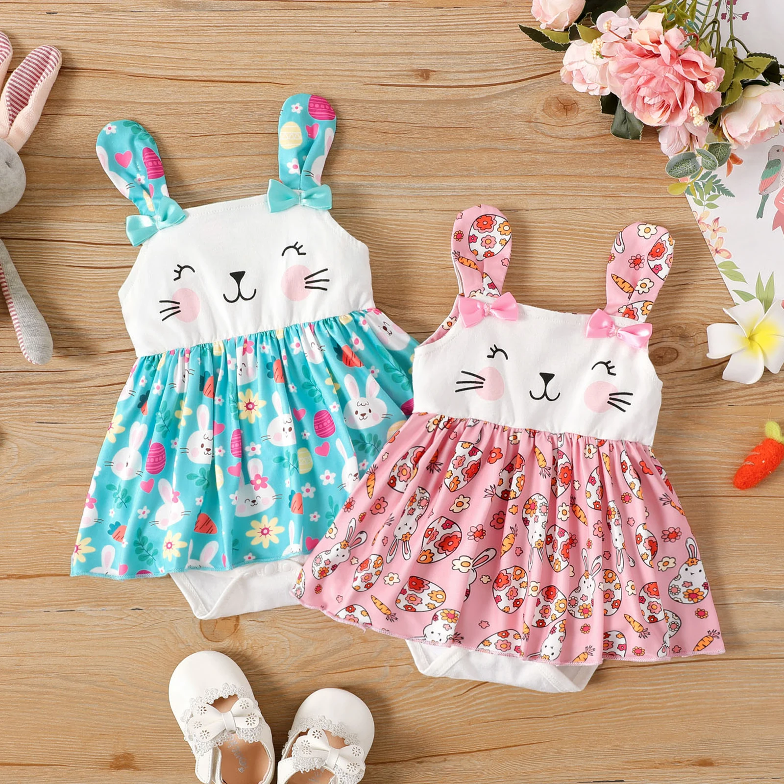 

PatPat Easter Baby Girl 95% Cotton Rabbit Print Bow Front Sleeveless Romper
