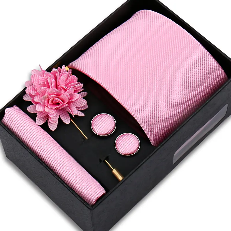 Top Quality Solid color Ties Hanky Cufflinks Brooch Set Elegant Jacquard Necktie For Men Business Wedding In Gift Box Gravatas - Image 10