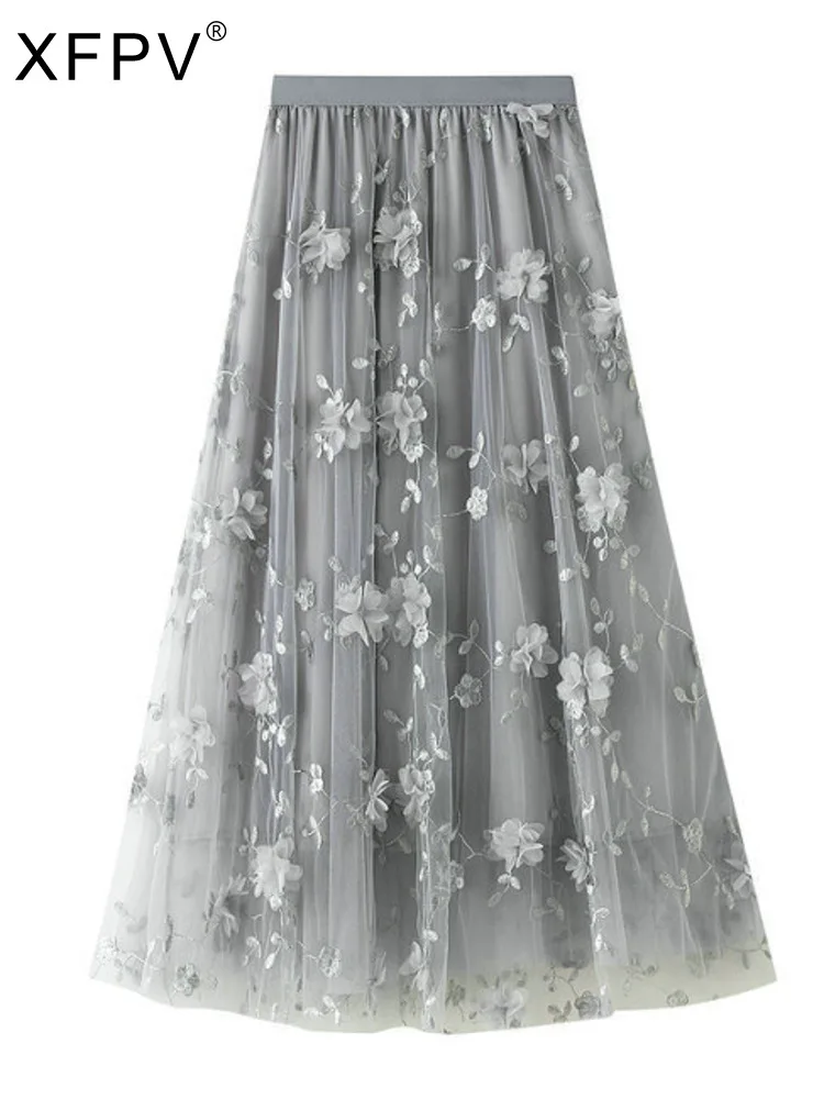 XFPV Women's Mesh Flower Embroidery A-line Pleated High Elastic Waist Y2k Mid-calf Length 2023 New Spring Autumn Skirt SM4946