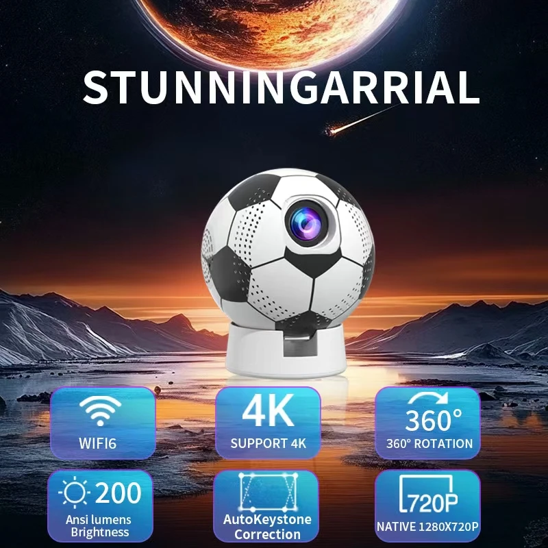 새로운 260 ANSI 축구공 프로젝터, 네이티브 720P HD 안드로이드 11 탑재, WiFi6 지원, 4K 디코딩 및 4포인트 키스톤 보정 기능