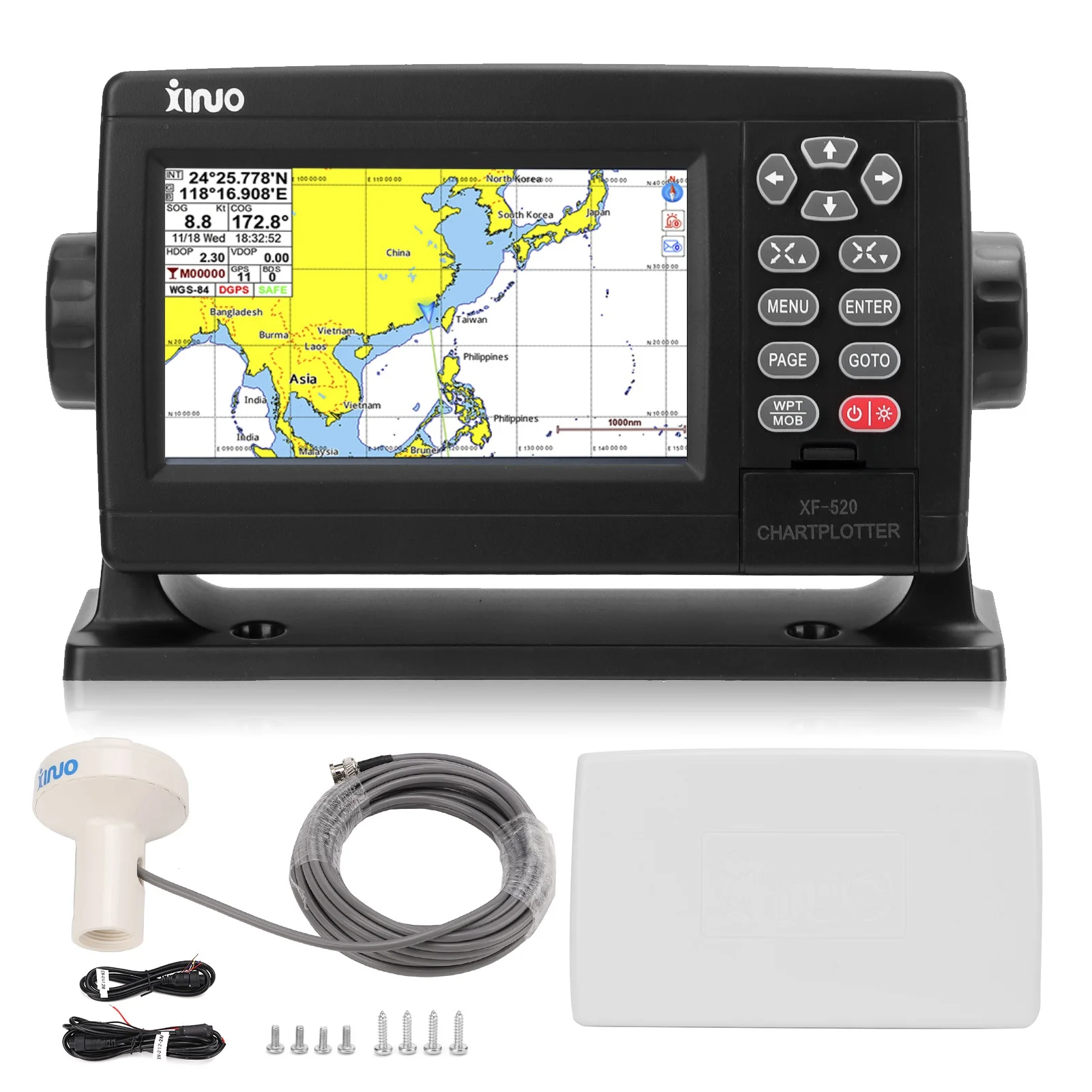 5'' Marine Satellite GPS Navigator Color LCD Display Positioning Boat Chart Plotter GPS Navigation with Antenna Xinuo XF-520