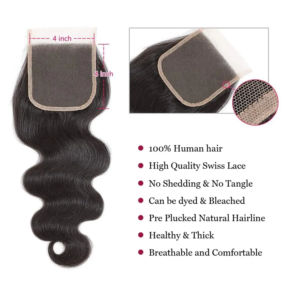 Human Hair 3 Bundles with Closure Body Wave Brazilian Human Hair Bundles with 4x4 Lace Frontal Closure Human Hair Extension