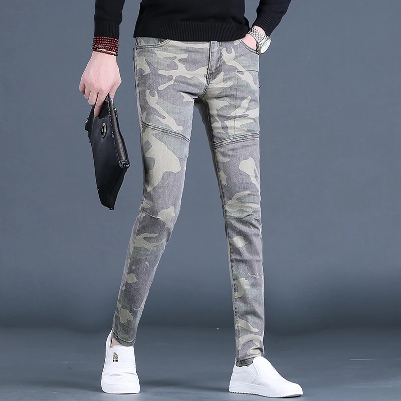 Autumn Men's Camouflage Jeans Casual Slim Fit Straight Leg Pants Streetwear Fashion Cotton Army Green Denim Trousers CP2071