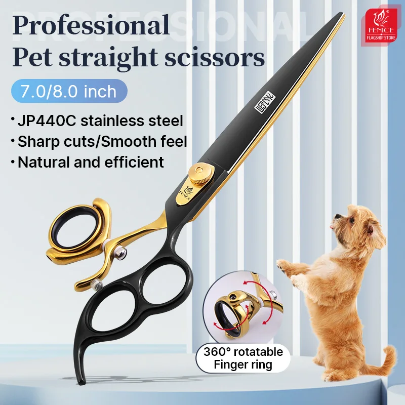 Fenice Professional Dog Scissors JP440C 7.0/8.0 inch 3-hole handle swivel black gold straight cutting pet grooming scissors dog grooming scissors