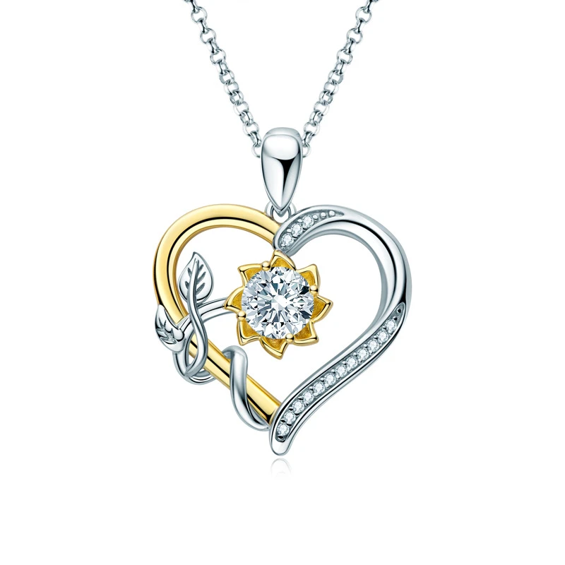 1 Carat Moissanite Necklace S925 Sterling Silver Heart Sunflower Pendant Necklace for Women Gift