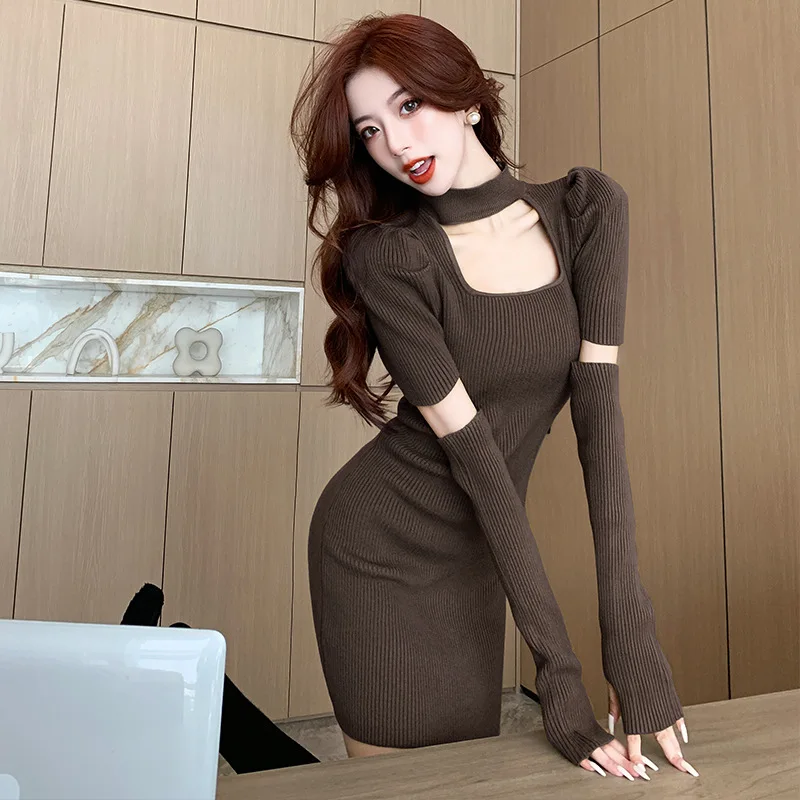 

2022 Winter Ladies Kintted Mini Dresses Woman Sexy Party Bodycon Vestidos Fashion Autumn High Collar Hollow Out Dress for Women