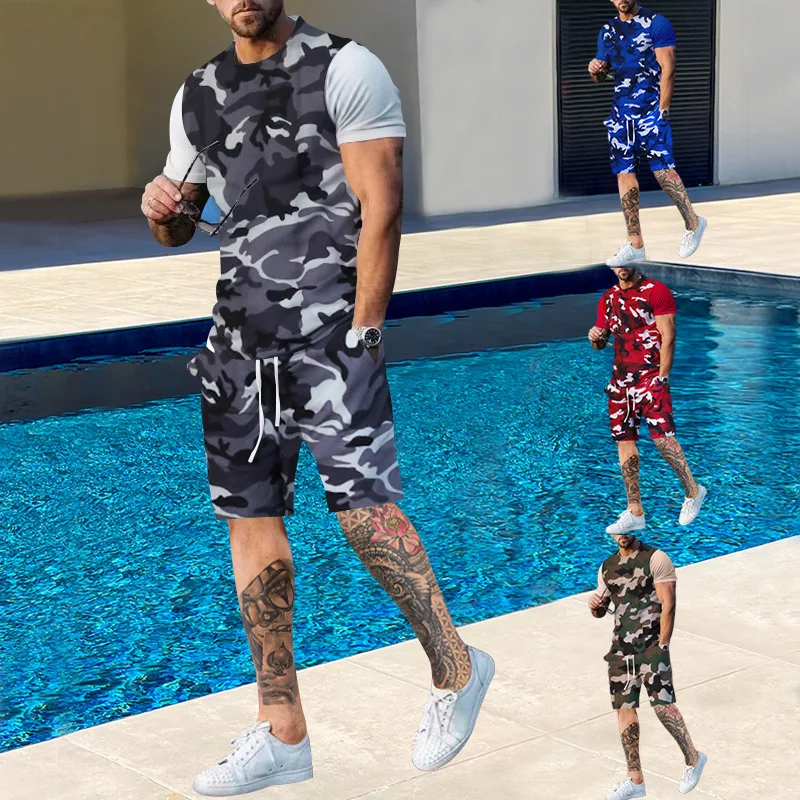

Spring On The New Trend Sports Casual Short Sleeve Suit Men's Summer Running Training Camouflage Two-Piece Tide