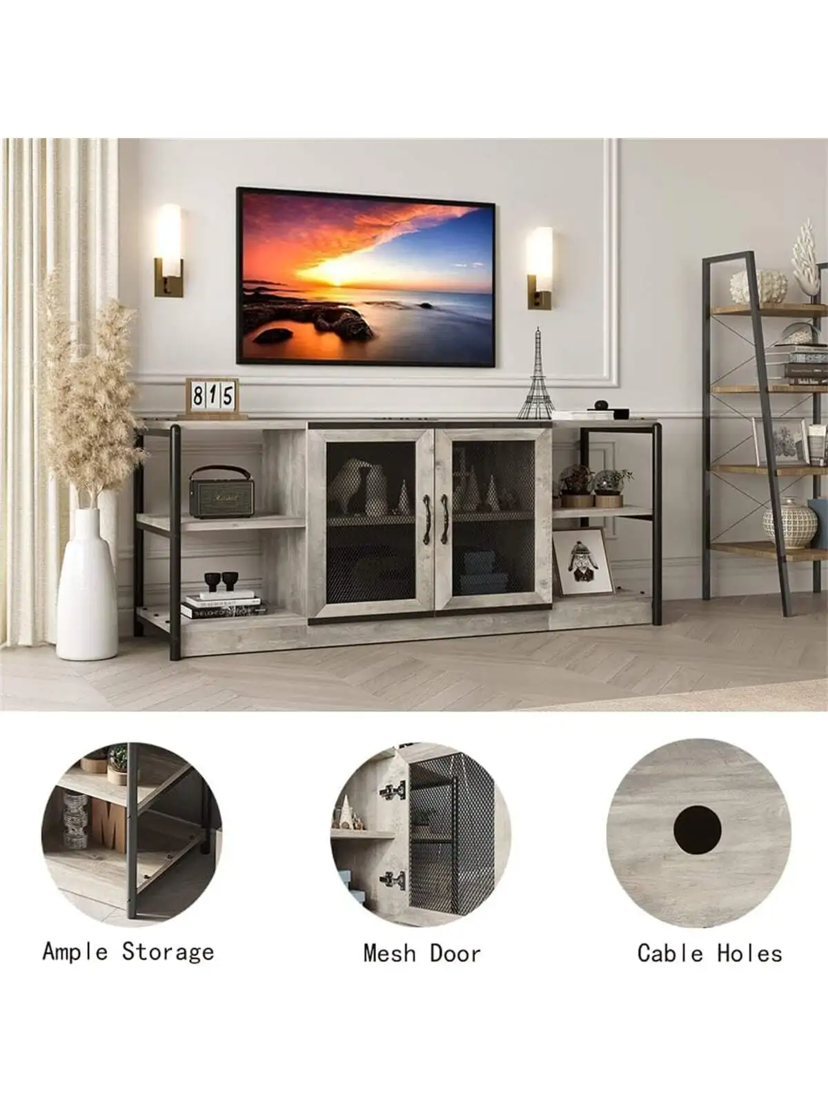 

Industrial TV Stand for TVs up to 70" Wood Media Console Table with Storage Shelves Mesh Barn Door and Sturdy Metal Frame