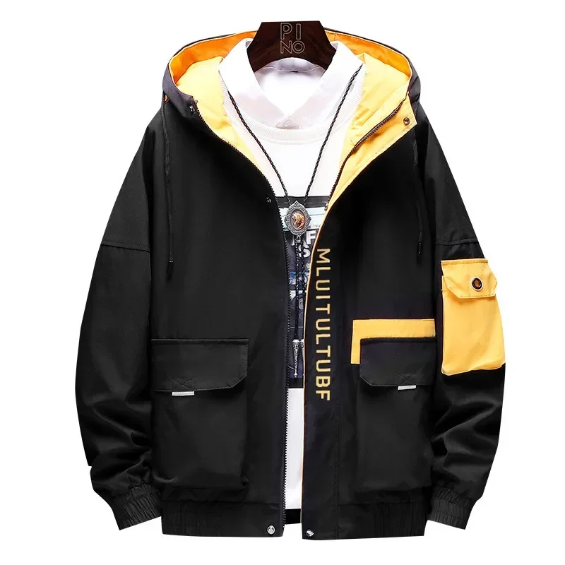 Mens Spring Autumn Jacket Zipper Casual Hooded Patchwork Windbreaker