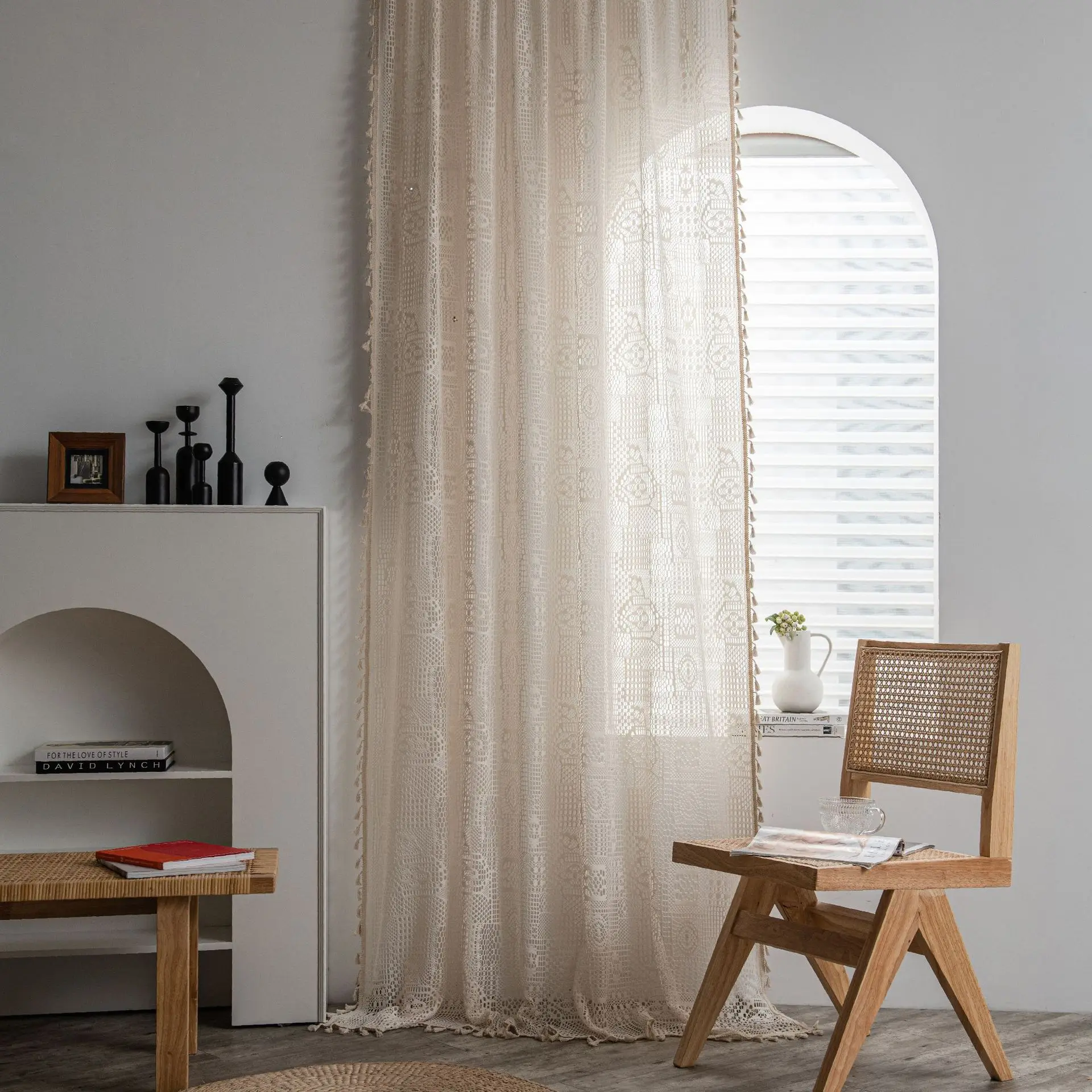 

Beige Linen Texture Curtains Long Grommet Top Window Solid Color Tassel - Semi Blackout Cotton Blend Rod Pocket Curtain Tassels