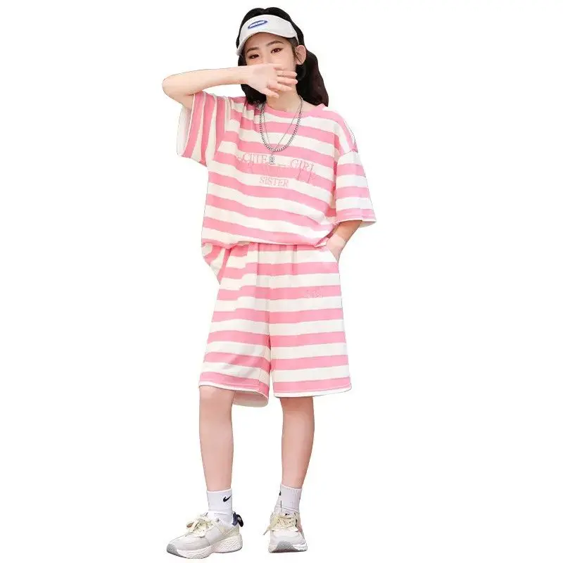 

Girls Striped Clothes Set Casual Loose Short Sleeve T-Shirt+Shorts Leisure 2PCS Teen Children's Clothing Summer Sportswear 5-14Y