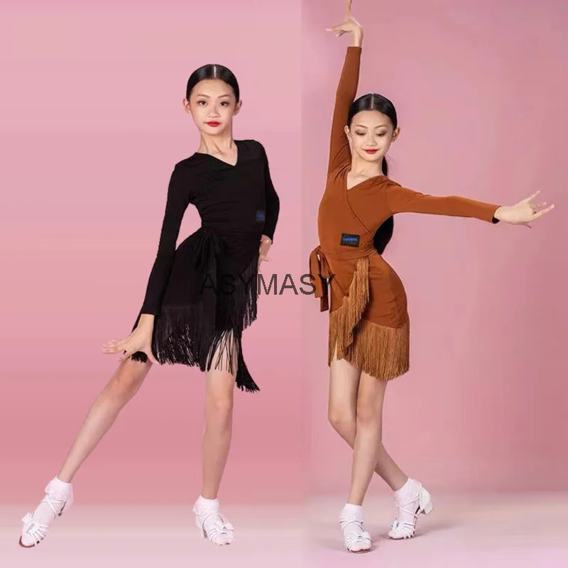 새로운 어린이 어린이 소녀 라틴 댄스 드레스 프린지 라틴 댄스 옷 살사 의상 블..